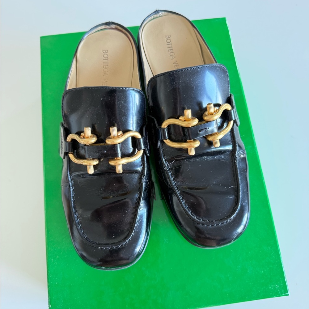 Bottega Veneta Black Mules with Gold Detailing